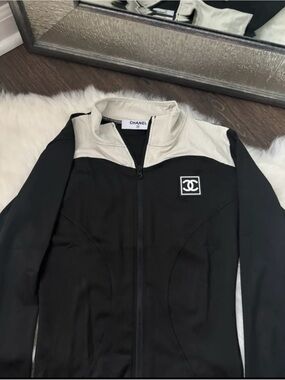 CHANEL Black and Cream Zip-Up Bomber Jacket